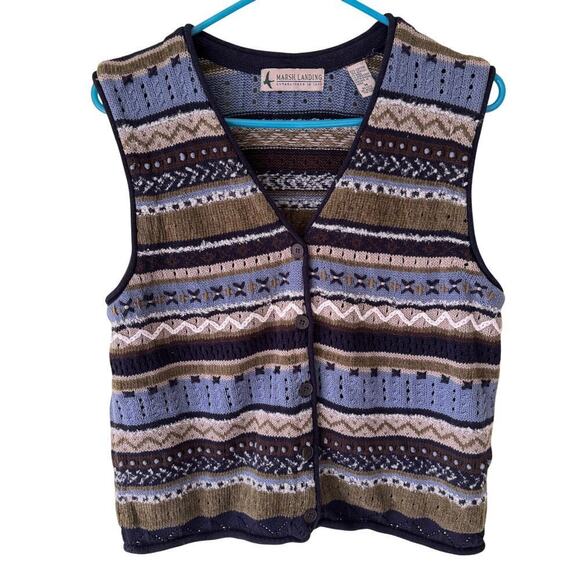 Vtg Marsh Landing Knit Vest Womens M Blue Green Striped Embroidered Cottagecore - Picture 1 of 9